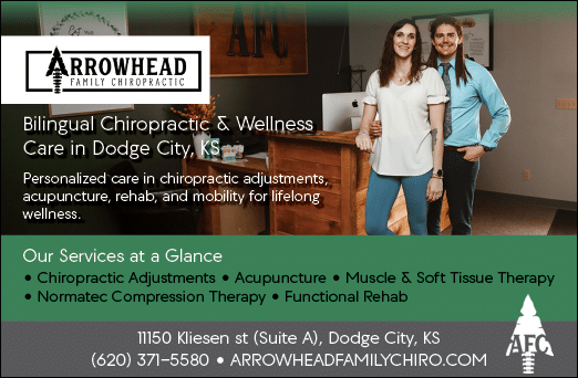 A woman and a man are shown in a poster advertising chiropractic and wellness care in Dodge City, Kansas. AI generated content
