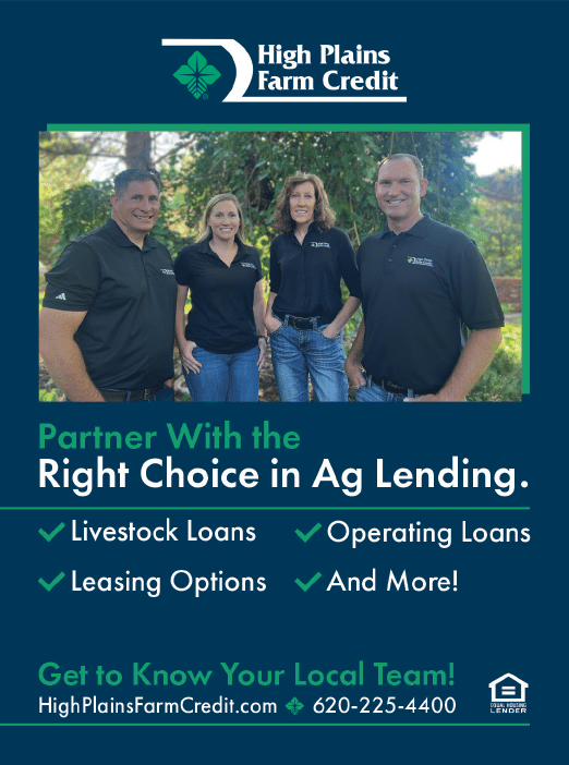 A group of four people pose for a photo in front of a tree. They are wearing black shirts and are smiling. The advertisement is for High Plains Farm Credit. AI generated content