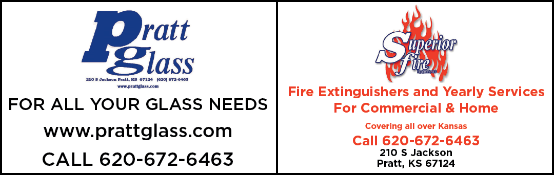 Two business ads for Pratt Glass and Fire Extinguishers and Yearly Services are displayed. AI generated content