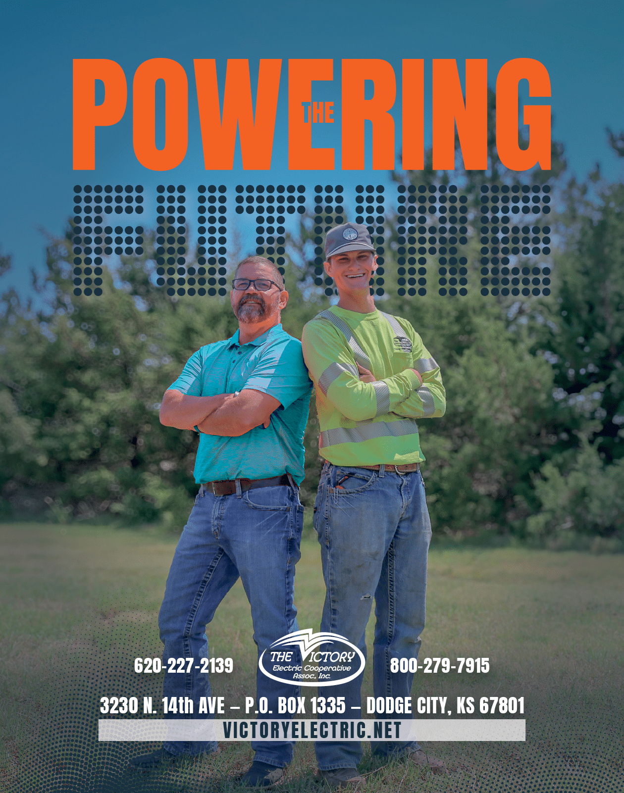 Two men standing in front of a sign for Victorelectric. AI generated content