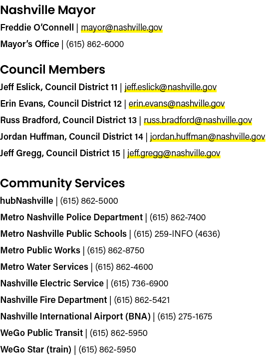 Nashville Mayor Freddie O’Connell | mayor@nashville.gov Mayor’s Office | (615) 862 6000 Council Members Jeff Eslick, ...
