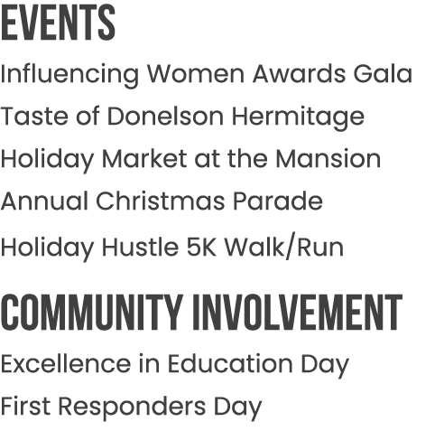 EVENTS Influencing Women Awards Gala Taste of Donelson Hermitage Holiday Market at the Mansion Annual Christmas Parad...