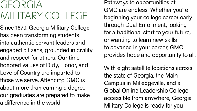 Georgia Military College Since 1879, Georgia Military College has been transforming students into authentic servant l...