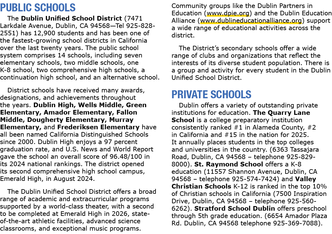 PUBLIC SCHOOLS The Dublin Unified School District (7471 Larkdale Avenue, Dublin, CA 94568—Tel 925 828 2551) has 12,90...