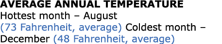 Average Annual Temperature Hottest month – August (73 Fahrenheit, average) Coldest month – December (48 Fahrenheit, a...
