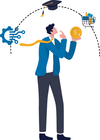 Budget planning, financial management to allocate expense or payment, income and saving, accounting concept, businessman holding money coin think about budget planning with expense categories.