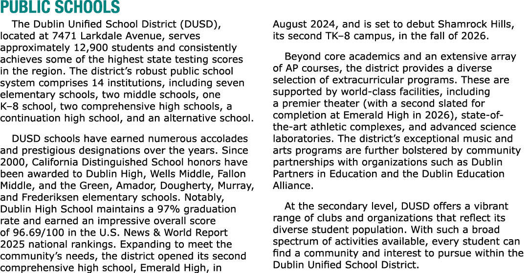 PUBLIC SCHOOLS The Dublin Unified School District (DUSD), located at 7471 Larkdale Avenue, serves approximately 12,90...