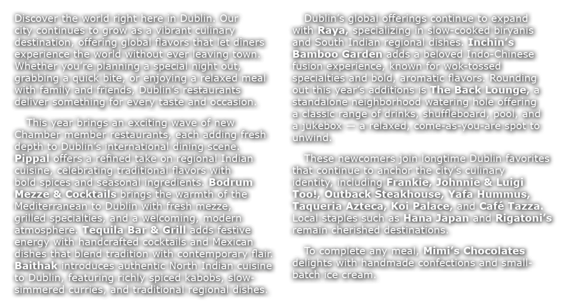 Discover the world right here in Dublin. Our city continues to grow as a vibrant culinary destination, offering globa...
