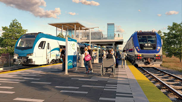 A train station with two trains, one blue and one silver, parked at the platform. People are walking around, some carrying luggage, and waiting for the trains. AI generated content