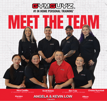 A group of people posing for a photo, including a man in a red shirt and a woman in a black shirt. AI generated content