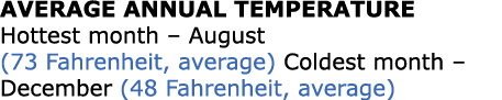 Average Annual Temperature Hottest month – August (73 Fahrenheit, average) Coldest month – December (48 Fahrenheit, a...