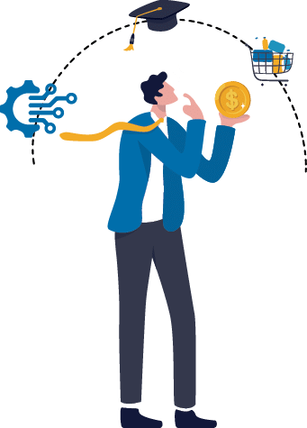 Budget planning, financial management to allocate expense or payment, income and saving, accounting concept, businessman holding money coin think about budget planning with expense categories.