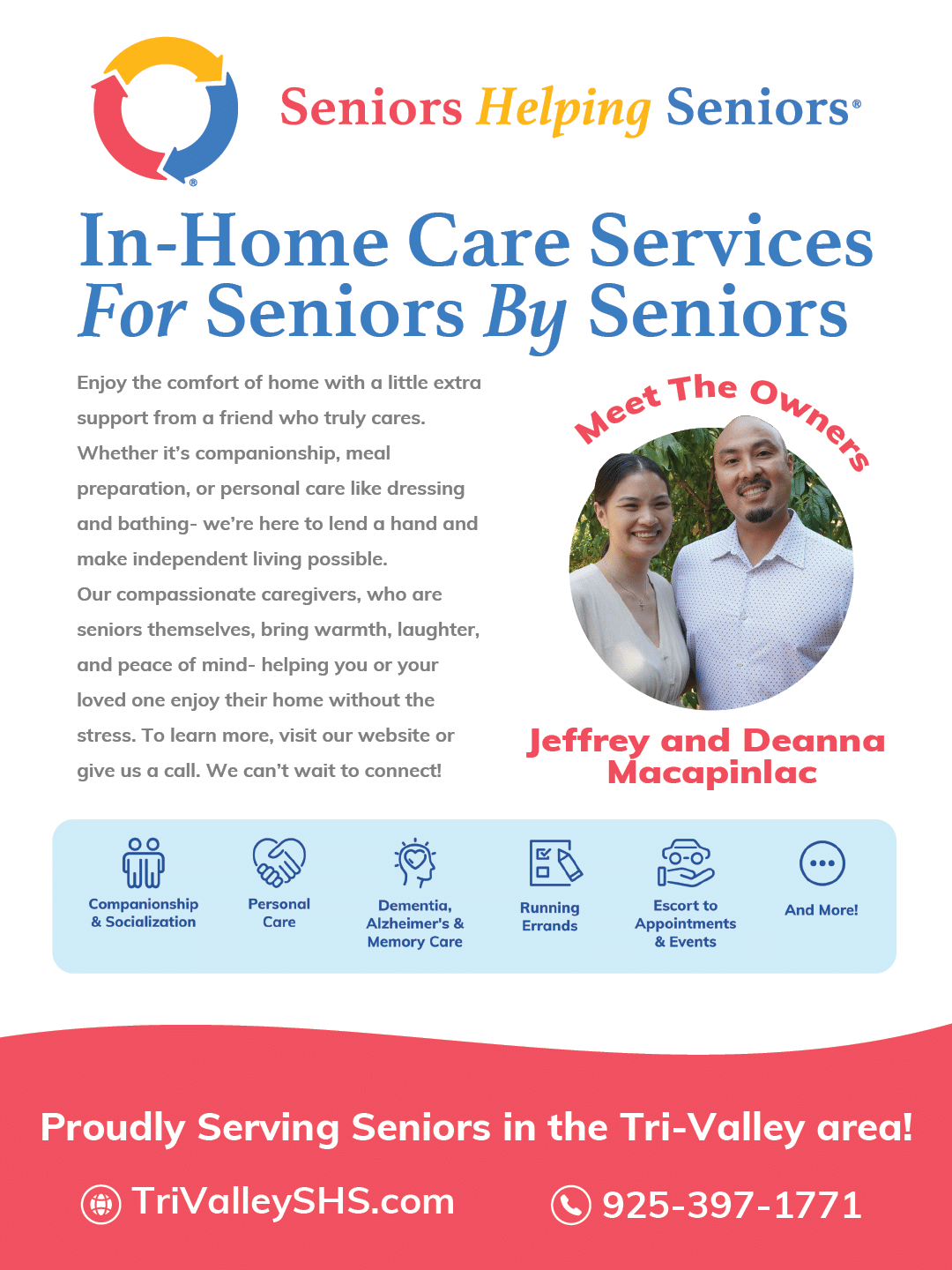 A man and woman are pictured on a flyer advertising in-home care services for seniors. AI generated content