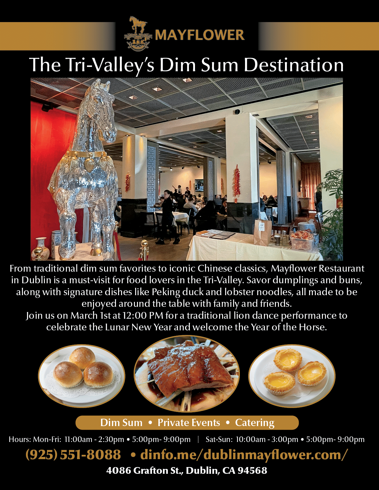 A flyer advertises a dim sum restaurant in Dublin, California. The flyer features a picture of a statue of a woman and a horse. The restaurant offers a variety of food options, including dim sum, and is open for lunch and dinner. AI generated content
