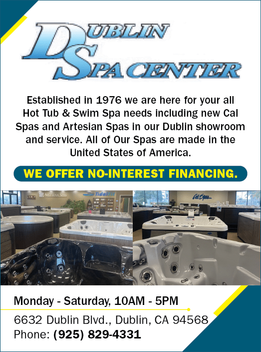 A flyer advertises a spa center in Dublin, California. The spa offers a variety of services, including hot tubs and swimming pools. The flyer is written in blue and yellow and features a picture of a hot tub. AI generated content