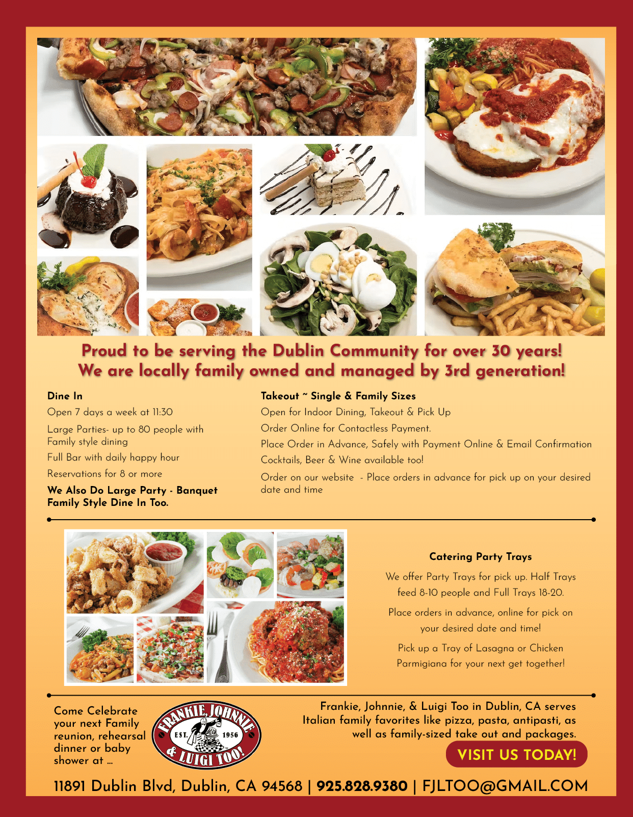 A flyer advertising a restaurant with a variety of foods including pizza, salad, and sandwiches. AI generated content