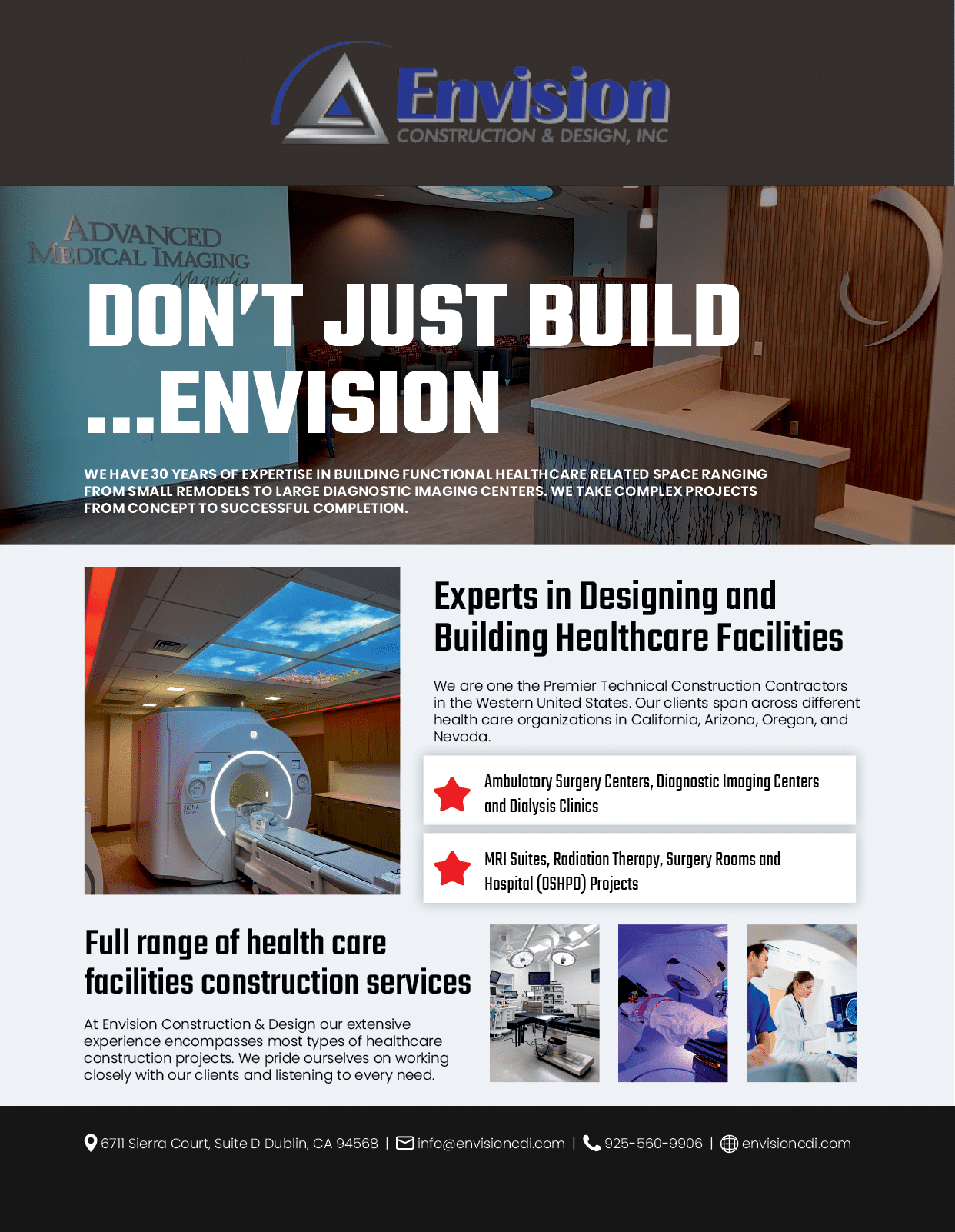 A brochure for a healthcare facility features a large image of a CT scan and a sign that reads “Don't Just Build... Envision." The brochure also includes information about the facility's expertise in designing and building healthcare facilities, as well as a list of services provided. AI generated content