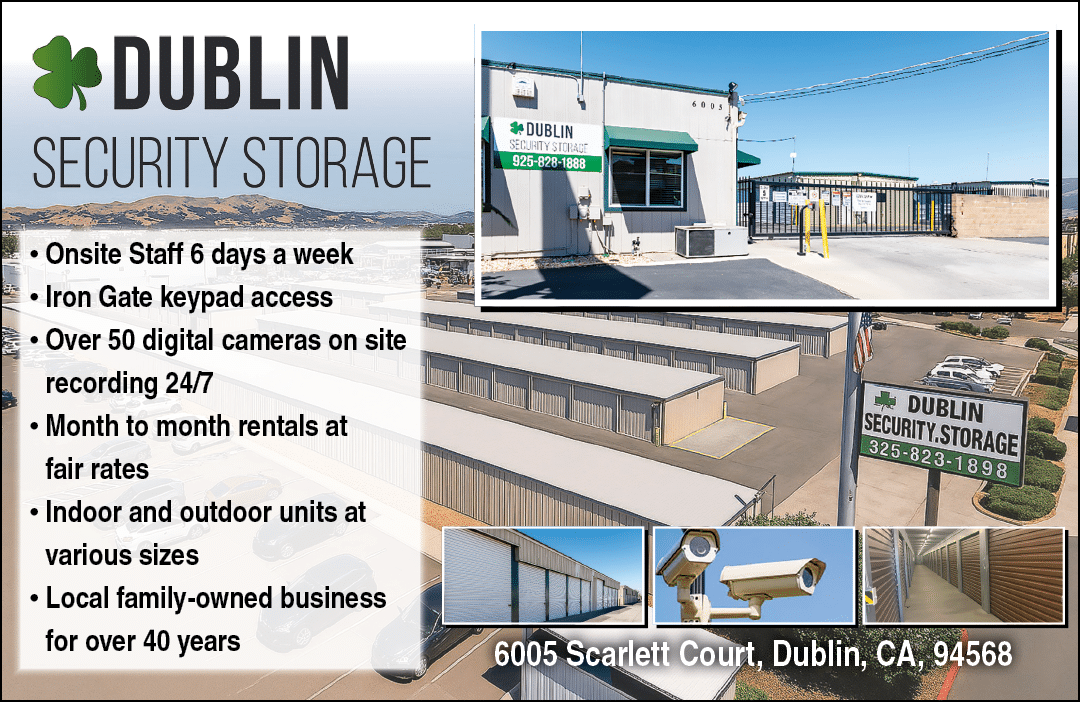 A Dublin Security Storage ad shows a building with a security camera and a sign that says “Iron Gate Access." AI generated content