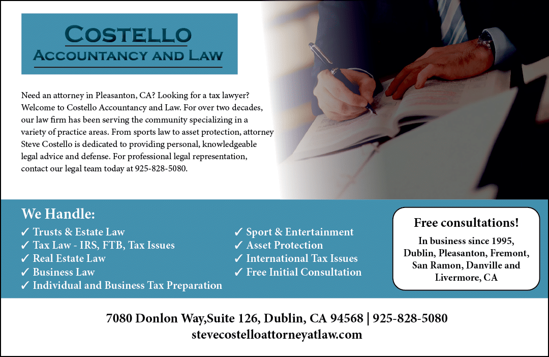 A white sign with black letters that reads “COSTELLO ACCOUNTANCY & LAW FIRM". AI generated content