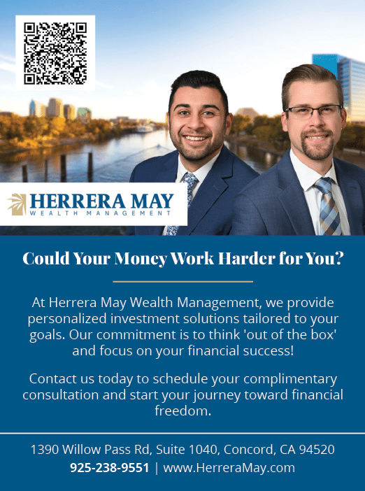 A white sign with black lettering that reads “Herera May Wealth Management". AI generated content
