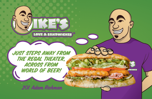 A white sign with black lettering that reads “Ikes Love & Sandwiches 3.62 x 2.62". AI generated content