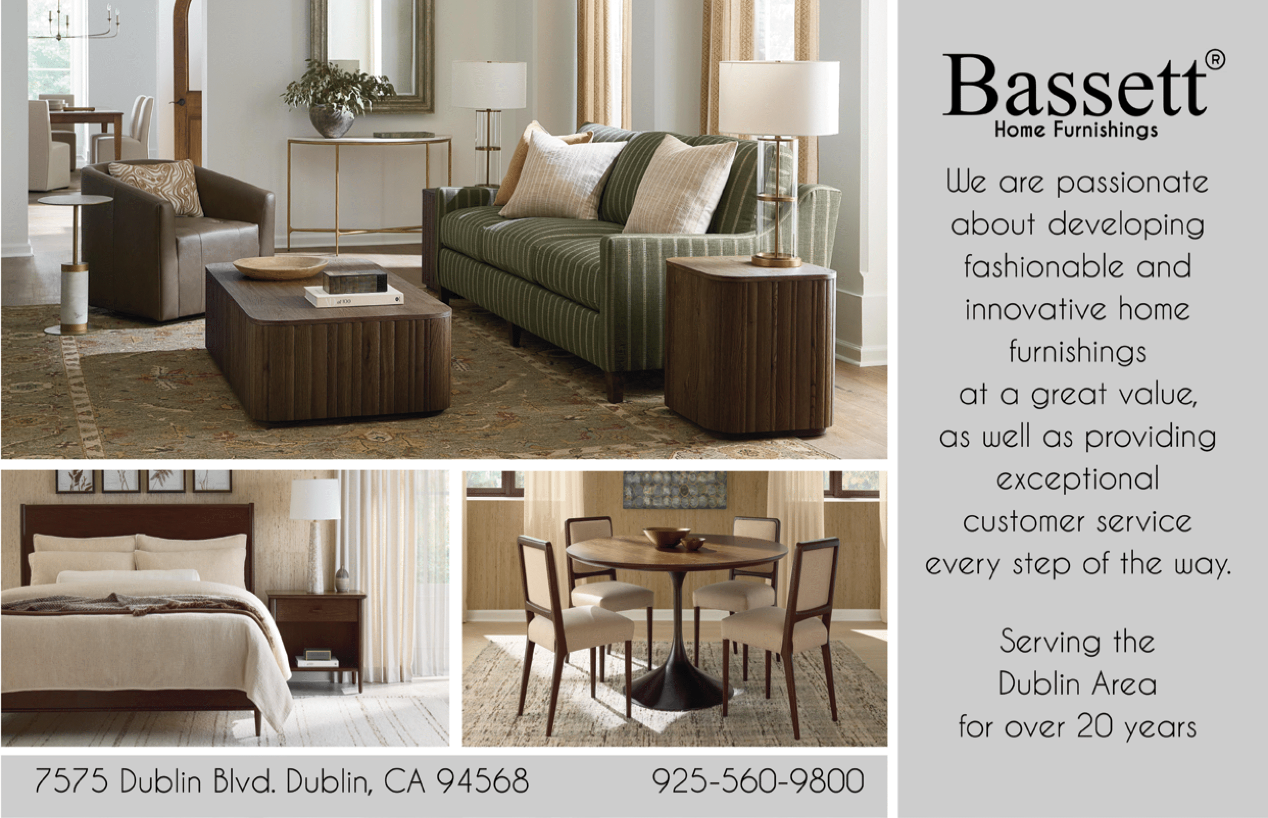 A Bassets ad showcases a living room with a couch, chair, and coffee table. AI generated content