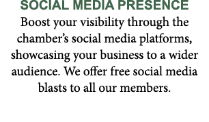 Social Media Presence Boost your visibility through the chamber’s social media platforms, showcasing your business to...