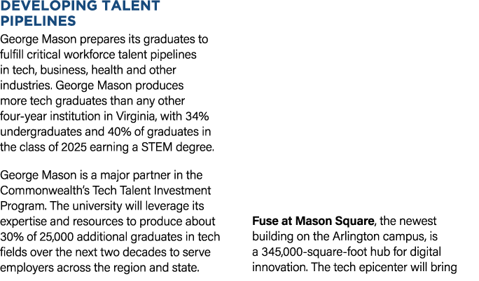 DEVELOPING TALENT PIPELINES George Mason prepares its graduates to fulfill critical workforce talent pipelines in tec...