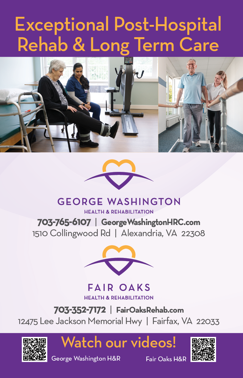 A purple and white advertisement for George Washington Health & Rehabilitation. Description generated by AI