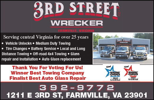 A business card for 3rd Street Wrecker, a towing company in Farmville, VA. AI generated content