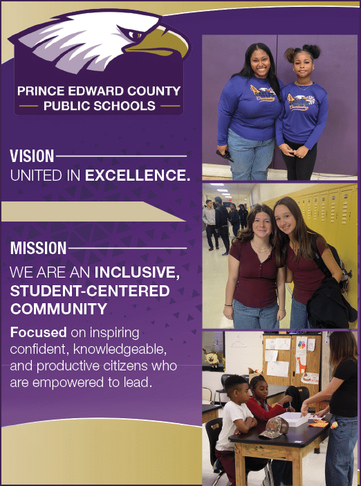 Two girls pose for a photo in front of a sign that says “Prince Edward County Public Schools". AI generated content