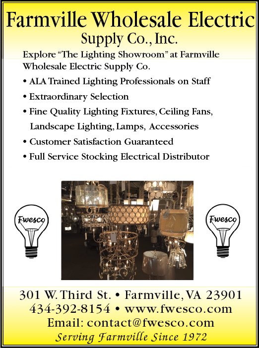 A flyer for Farmville Wholesale Electric Co. Inc. shows a picture of a lamp and a light bulb. AI generated content