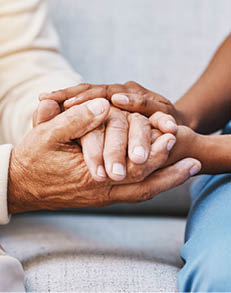 Nurse, hands and senior patient in empathy, safety and support of help, trust and healthcare consulting. Nursing home, counseling and gratitude for medical caregiver, client and hope in consultation