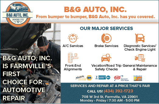 A flyer for B&G Auto Inc. in Farmville, VA. AI generated content