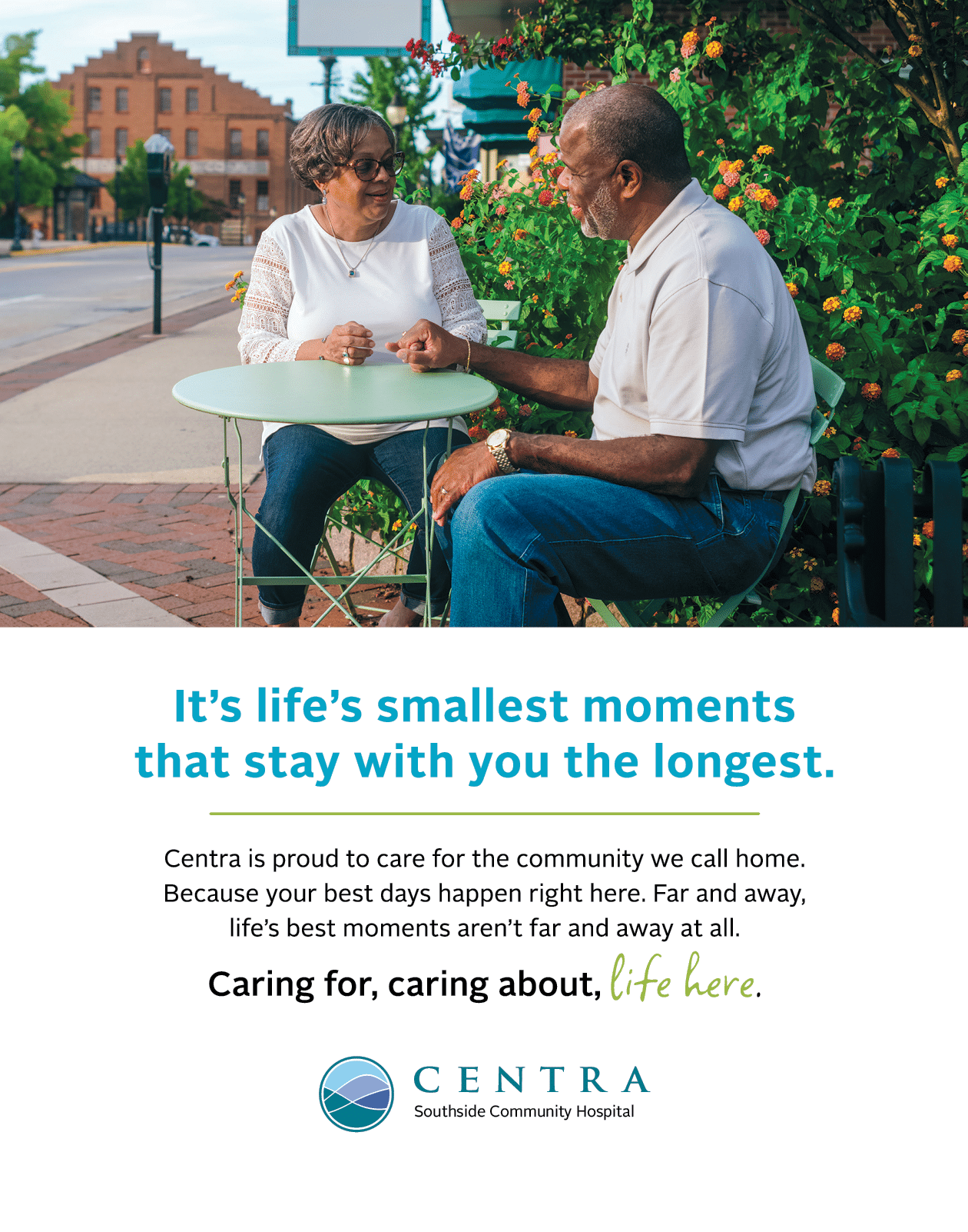 An elderly couple sitting at a small table on a sidewalk. AI generated content