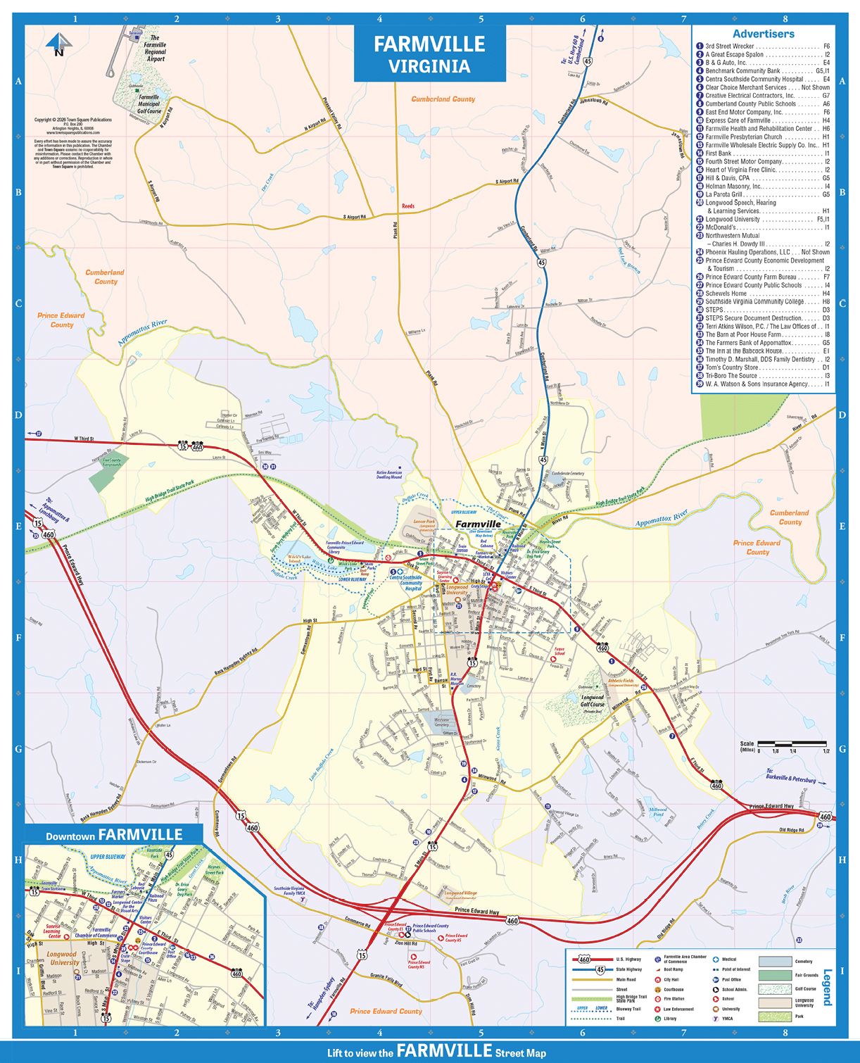 A map of Farmville, Virginia. Description generated by AI