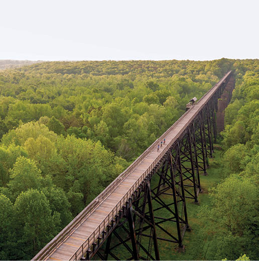 High Bridge Trail State Park is a multi-use trail ideally suited for hiking, bicycling and horseback riding. Its centerpiece is the majestic High Bridge, which is more than 2,400 feet long and 160 feet above the Appomattox River. The majestic bridge was built in 1853 as part of the South Side Railroad. Virginia Tourism Corporation, www.Virginia.org