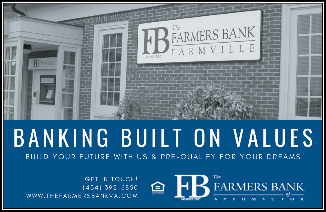 A sign advertising a bank, Farmers Bank, with a brick building in the background. AI generated content