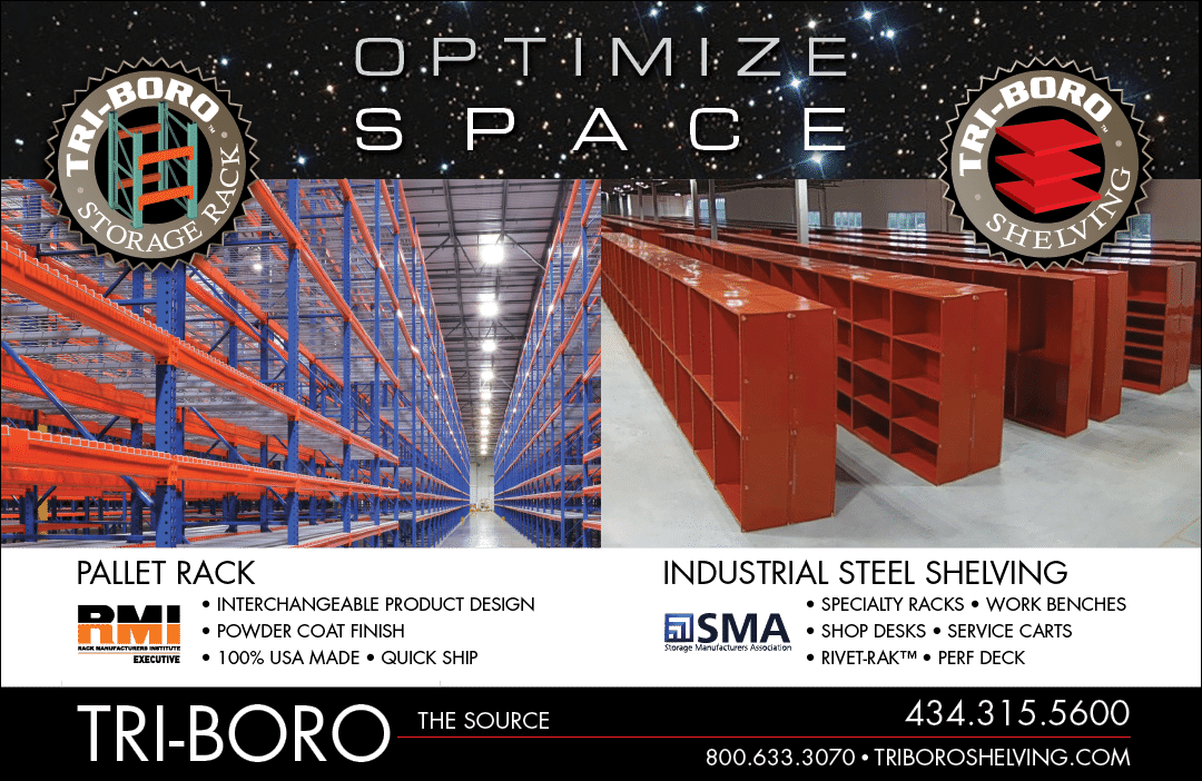 A poster advertising a company called Triboro, which specializes in industrial steel shelving and pallet racks. AI generated content