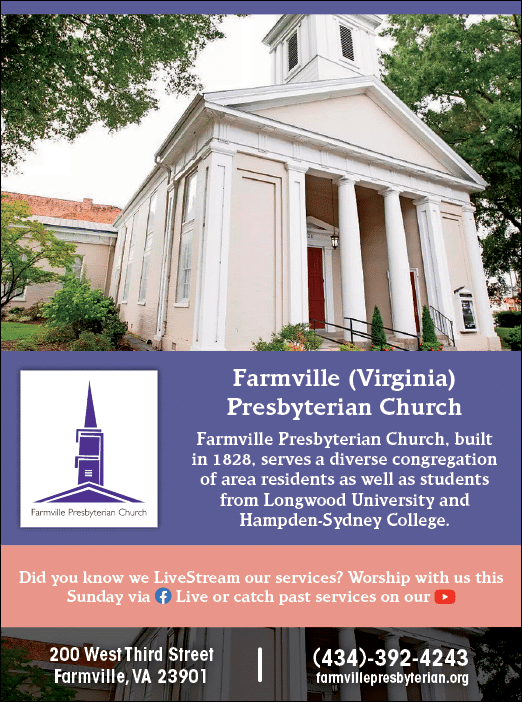 A church advertisement for Farmville, Virginia's Presbyterian Church. AI generated content
