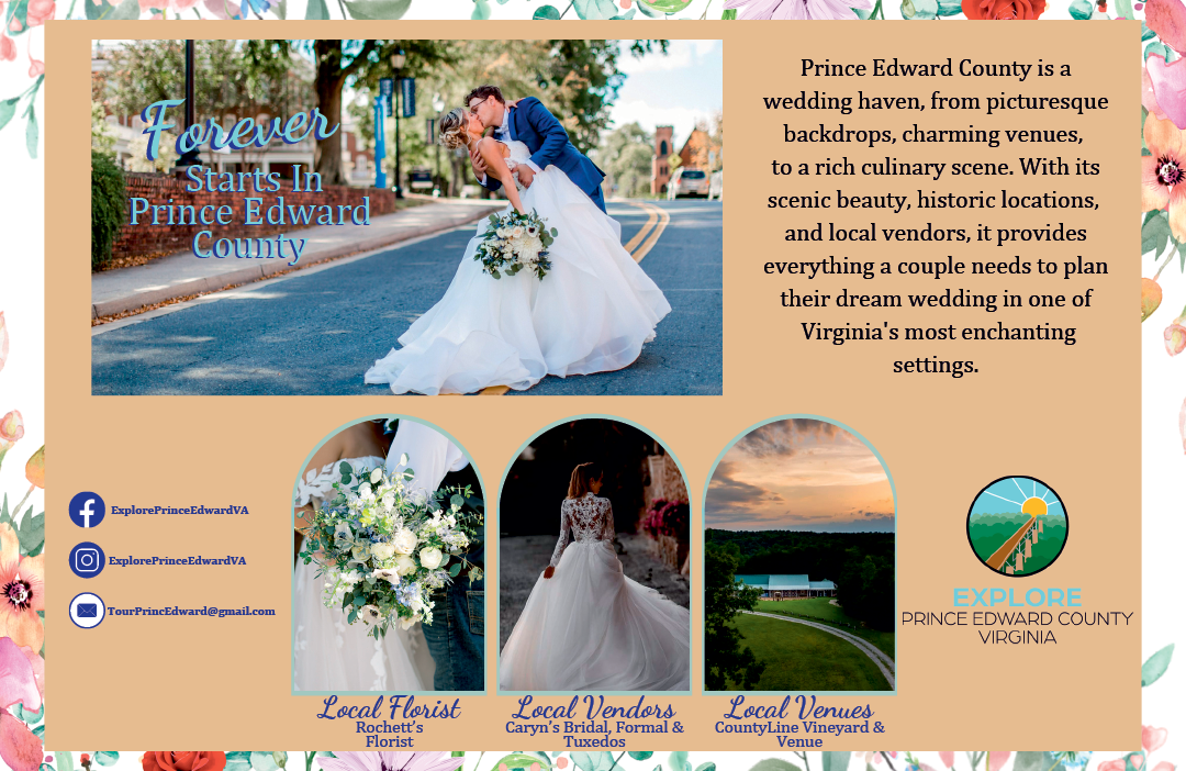 A bride and groom are captured in a photo, kissing on a street. The photo is part of a brochure for a wedding venue in Prince Edward County. AI generated content