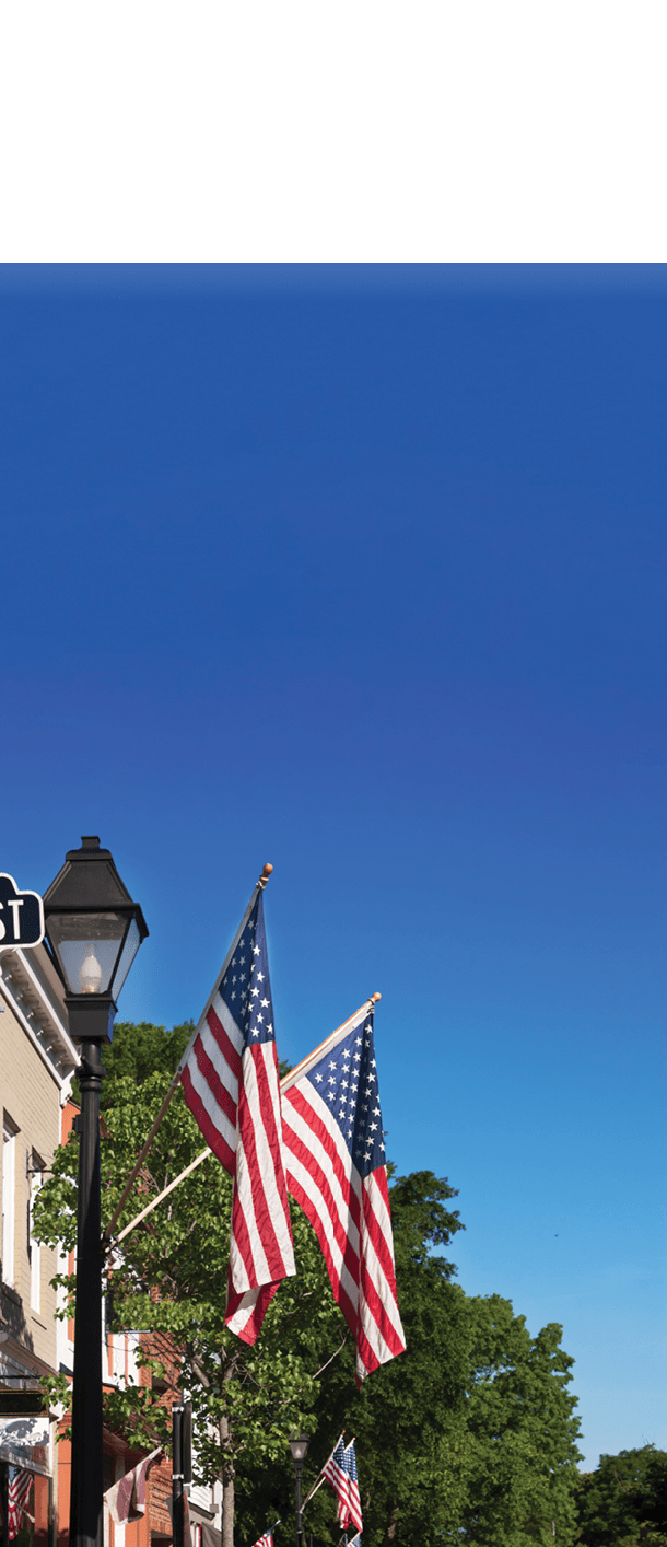 Warrenton Virginia street decorated with American flags. Warrenton is located in Fauquier County Virginia.