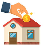 Man invests money in the house. Home is like a piggy bank. Vector illustration flat design. Isolated on white background. Coin in hand for the purchase of real estate. Construction financing.