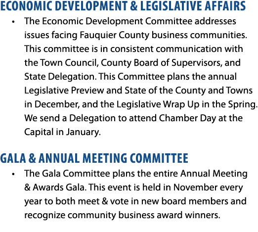 Economic Development & Legislative Affairs • The Economic Development Committee addresses issues facing Fauquier Coun...