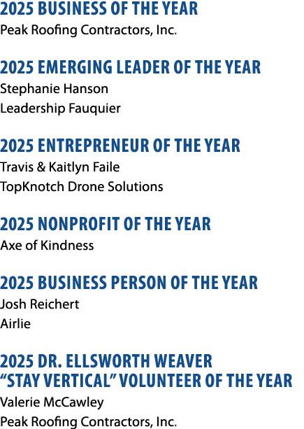 2025 BUSINESS OF THE YEAR Peak Roofing Contractors, Inc. 2025 EMERGING LEADER OF THE YEAR Stephanie Hanson Leadership...