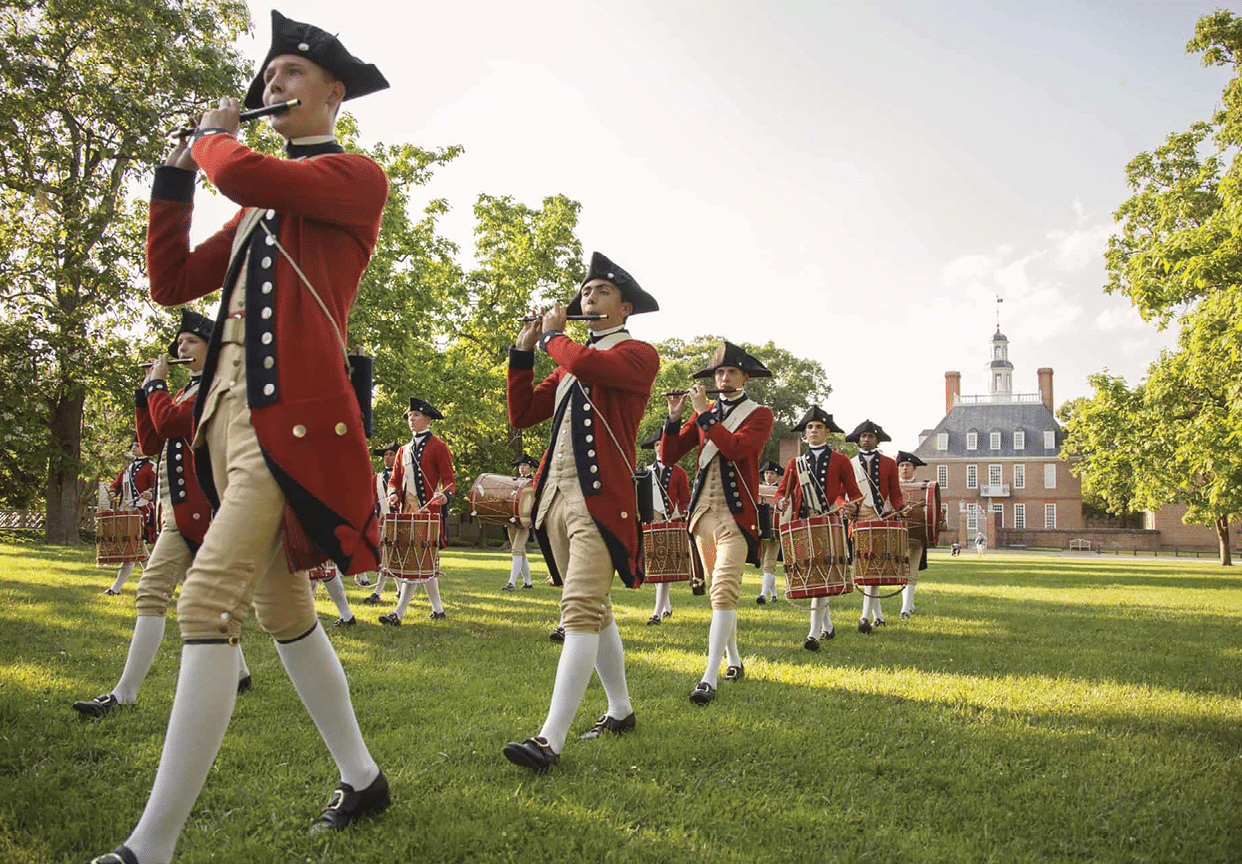 A group of men in red and white uniforms are playing instruments in a field. AI generated content