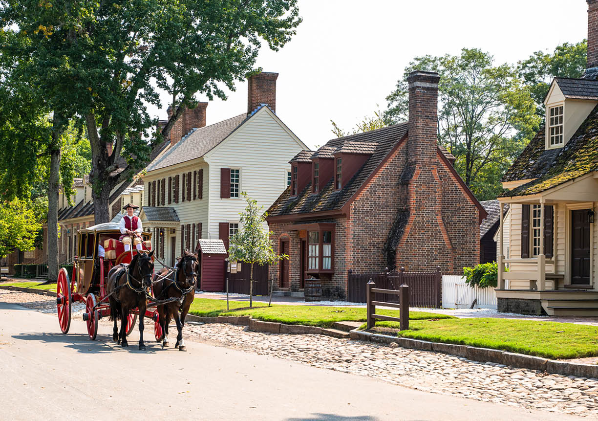 A horse-drawn carriage is traveling down a street in a small town, with a man riding in the carriage. The street is lined with brick buildings, and there are a few people walking around. AI generated content