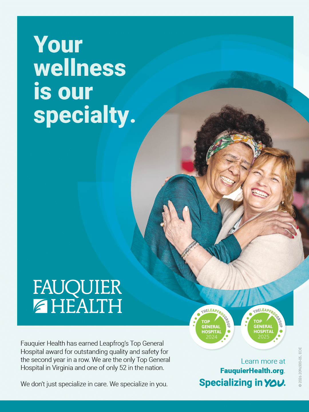 Two women hugging each other, one of them is wearing a headband. The advertisement is for Faquier Health. AI generated content
