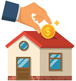 Man invests money in the house. Home is like a piggy bank. Vector illustration flat design. Isolated on white background. Coin in hand for the purchase of real estate. Construction financing.