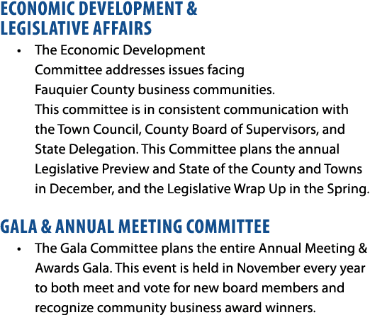 ECONOMIC DEVELOPMENT & LEGISLATIVE AFFAIRS • The Economic Development Committee addresses issues facing Fauquier Coun...